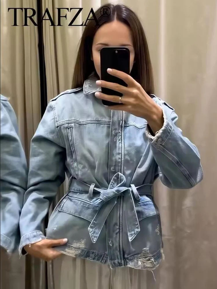 2025 Autumn Street Hole Denim Women Coats Elegant Turn-down Single Breasted Jacket Lace Up Full Sleeve Female Jackets Lady Coat