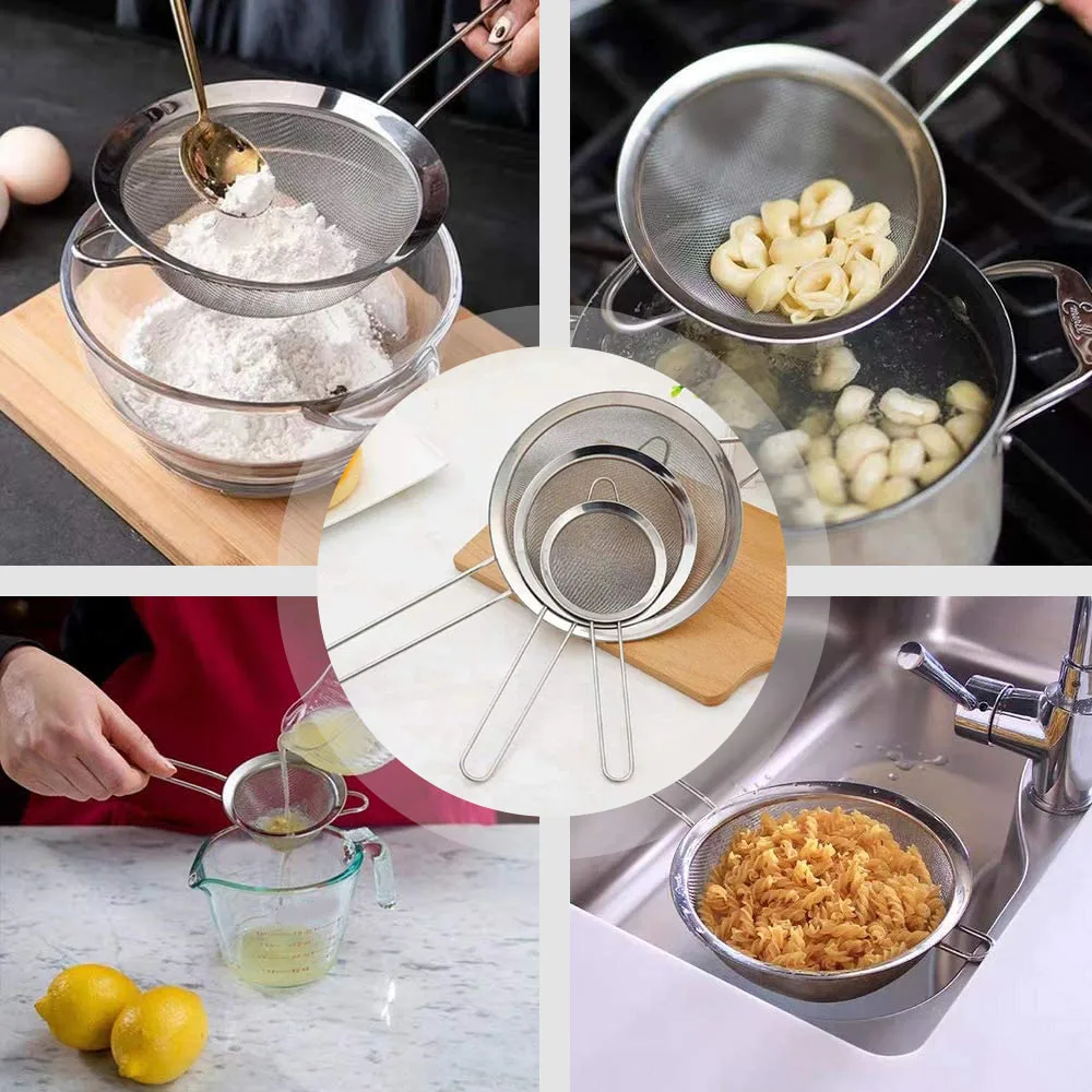 Fine Mesh Stainless Steel Strainer Sieve Egg Filter Colanders Coffee Tea Vegtables Filtering Food Kitchen Accessories Set 3Pcs tea infuser tea strainer tea filter powder sifter flour strainer coffee maker filter