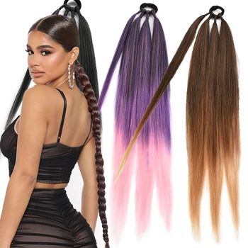Boxing Braids Ponytail Extensions Synthetic Wrap Around Ponytail With Rubber Band Hair Ring DIY 26 Inch Ombre Black Brown Grey 1