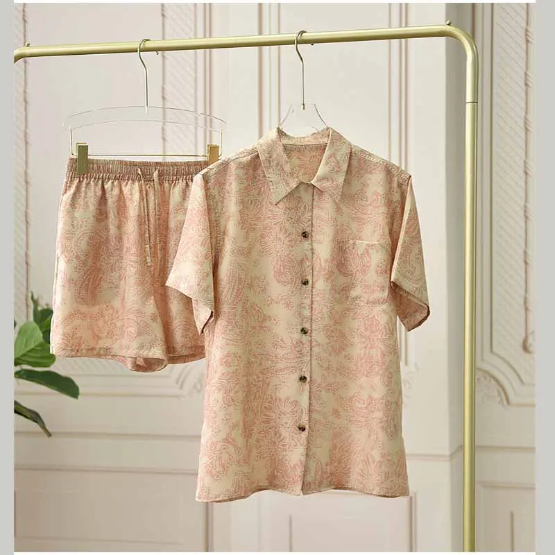 

Silk top+shorts high-end 16mm silk Chinese style printed loose and fashionable 2024 summer new