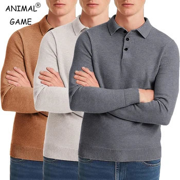 Autum Men Polo Sweaters Knit Pullovers Sweater Solid Streetwear Long Sleeved Button Sweater Male Casual Daily Warm Outerwear