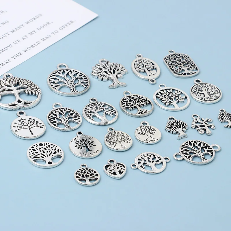 DIY Vintage Silver Round hollow Tree of Life Pendant Earring Creative Alloy Accessories Material charms for jewelry making 10pcs silver charm silver charms metal charm alloy pendant jewelry charms