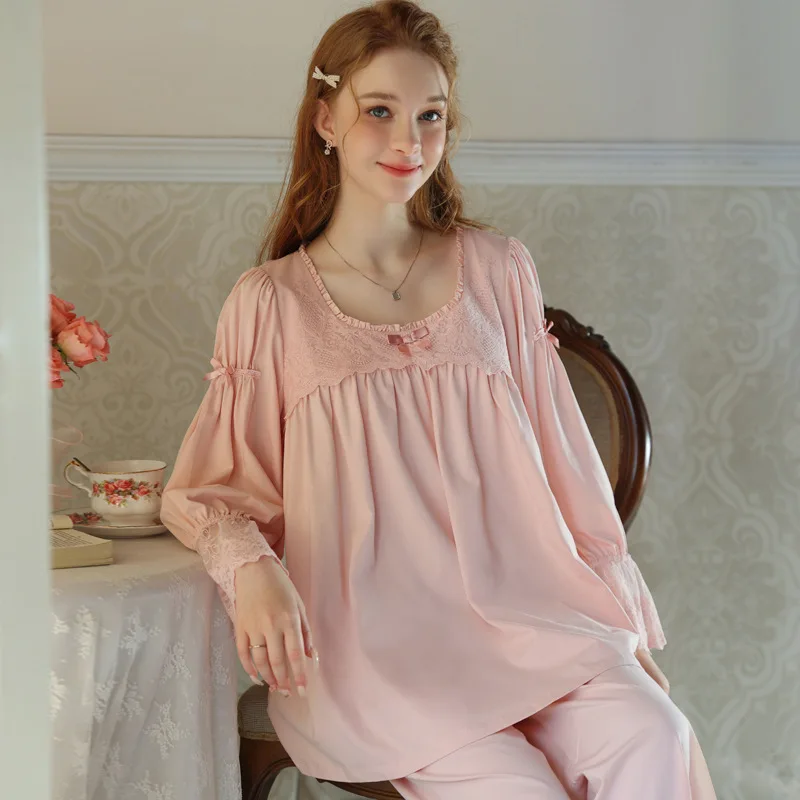Spring and Autumn Pajamas Long sleeved Loose Sweet French Princess Palace Style Cotton Pants Girl Set Lace Comfortable Home