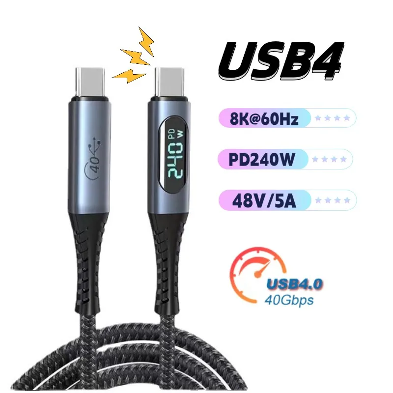 Светодиодный экран с индикатором USB4 40G Thunderbolt 3 кабель PD 240 Вт 5A Быстрая зарядка USB Type C цифровой кабель для передачи данных для Macbook Pro