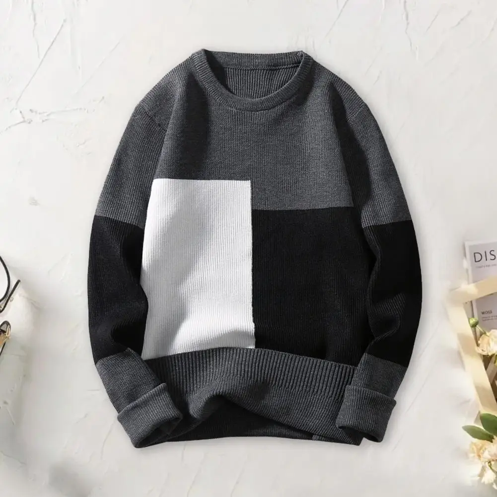 

Casual Round Neck Sweater Cozy Men's Colorblock Knitted Sweater Thick Warm Stylish Fall/winter Pullover with for Layering