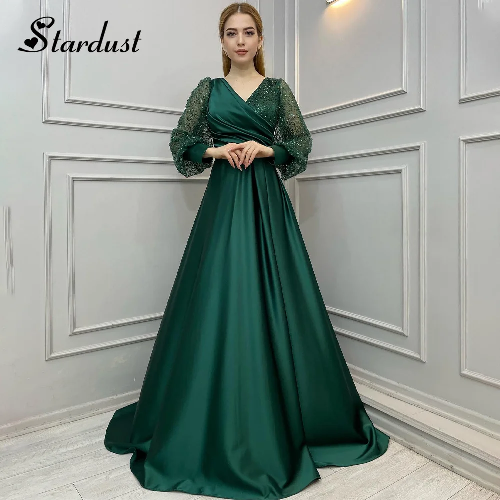 

Stardust Bling A-Line Prom Dresses V-Neck Puff Sleeves Tulle Sequins Pearls Draped Pleat Dubai Vestidos de Gala Drop Shipping