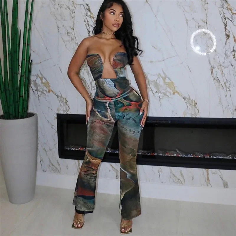 3D Print Bodycon Strapless Jumpsuit Women Autumn Winter Off Shoulder Sleeveless Chest Wrap Slim Hipster Rompers Y2k Streetwear
