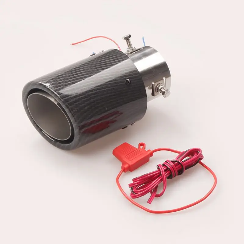 범용 탄소 섬유 모양 자동차 배기 머플러 파이프 팁, 적색 LED 조명 포함, 35-61mm 입구