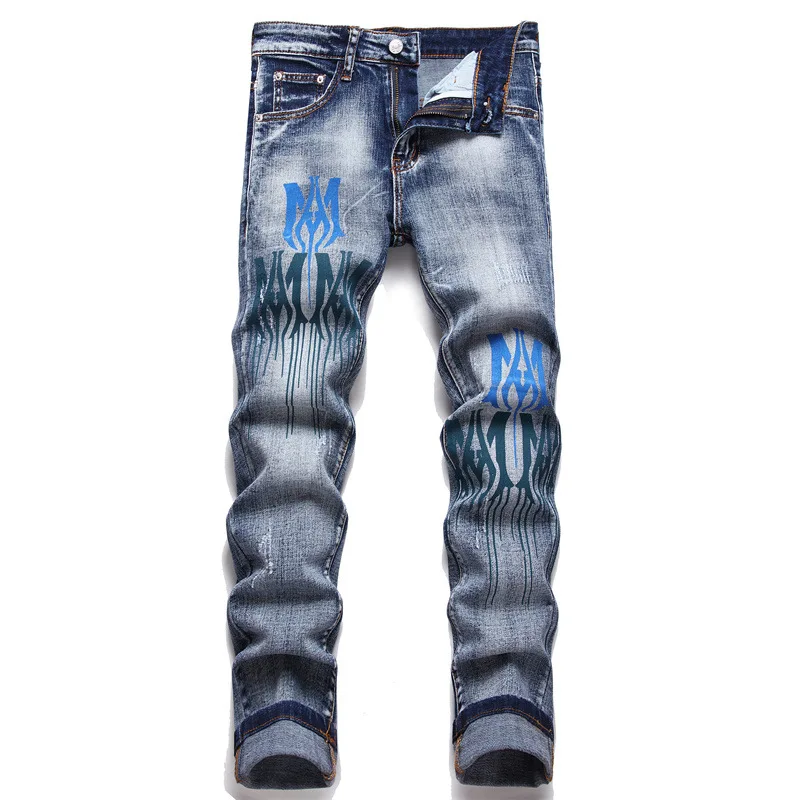 

Men's fashion jeans trendyol streetwear goth pants motorcycle ripped printed mens slim jeans