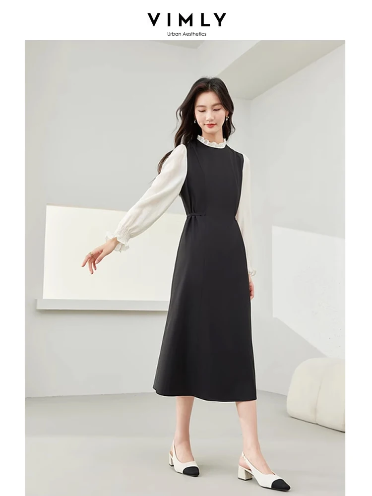 

Vimly Contrast Spliced Ruffled Round Neck Dress Woman 2024 Spring Black Elegant A-line Lace-up Long Sleeve Midi Dresses M6257