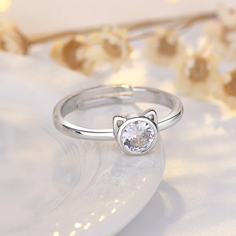 Silver Stainless Steel CZ Cat Rings for Women Personality Cute Cat Open Ring Creative Jewelry Party Gift