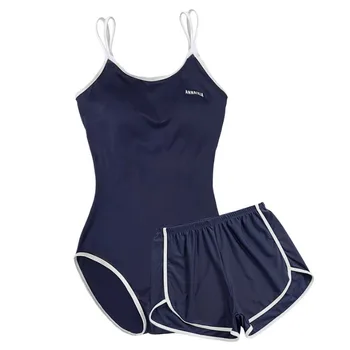 Sports Navy Blue Two-piece Swimsuit Set with Suspenders and High Waisted Shorts Suitable for Beach Swimming Pool Training 1