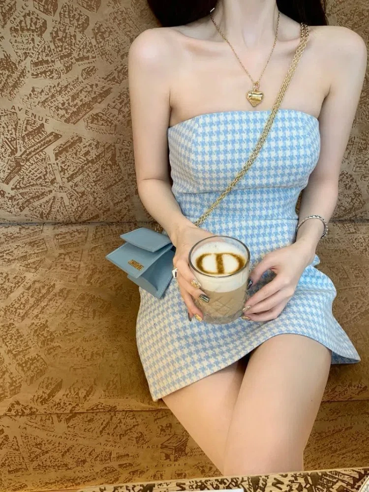 

2024 Summer New Blue Small Fragrant Wind Plaid Style Bra Dress One Shoulder Waist Waist Slimming Dress