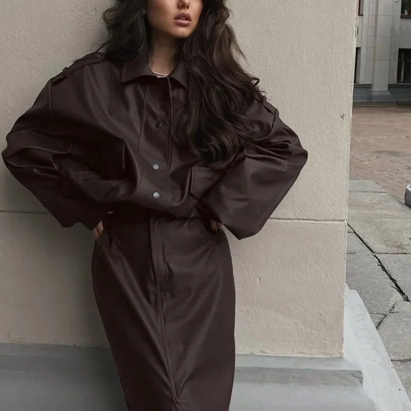 

Elegant Y2K Chic Long Sleeve Pocket Coat High Waist Long Bodycon Skirts Suits Fashion PU Leather Skirt Sets For Women 2 Pieces