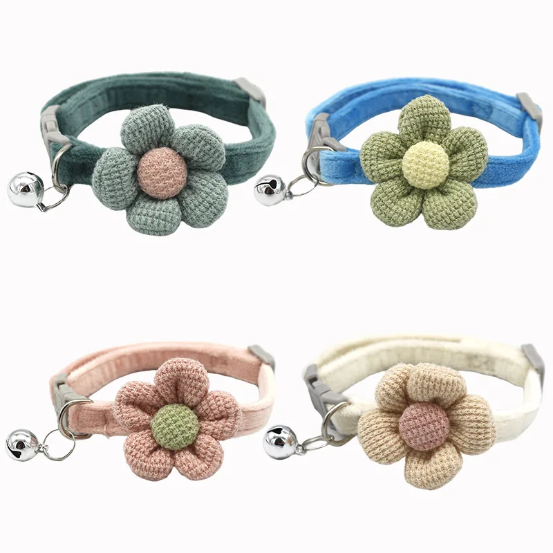 Pet Collar Cat Bell Collar Colorful Adjustable Sweat Cute Cartoon Sun Flower Bowtie Soft Polyester Small Dog Cat Necklace