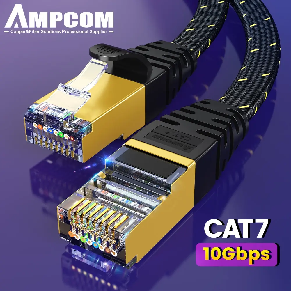AMPCOM CAT7 Ethernet Cable Flat Lan Cable SFTP Round RJ45 Network Cable ...