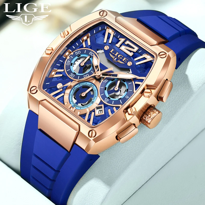 LIGE New Men Watch Top Brand Luxury Blue Silicone Big Dial Watch Men Luminous Waterproof Square Chronograph Relogios Masculino