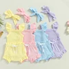 0-18M Toddler Girls 3Pcs Summer Clothes Fly Sleeve Solid Romper Tops Drawstring Short Pants Headband 1