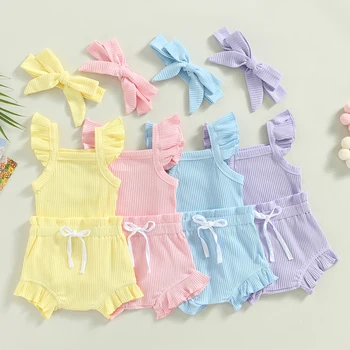 0-18M Toddler Girls 3Pcs Summer Clothes Fly Sleeve Solid Romper Tops Drawstring Short Pants Headband 1