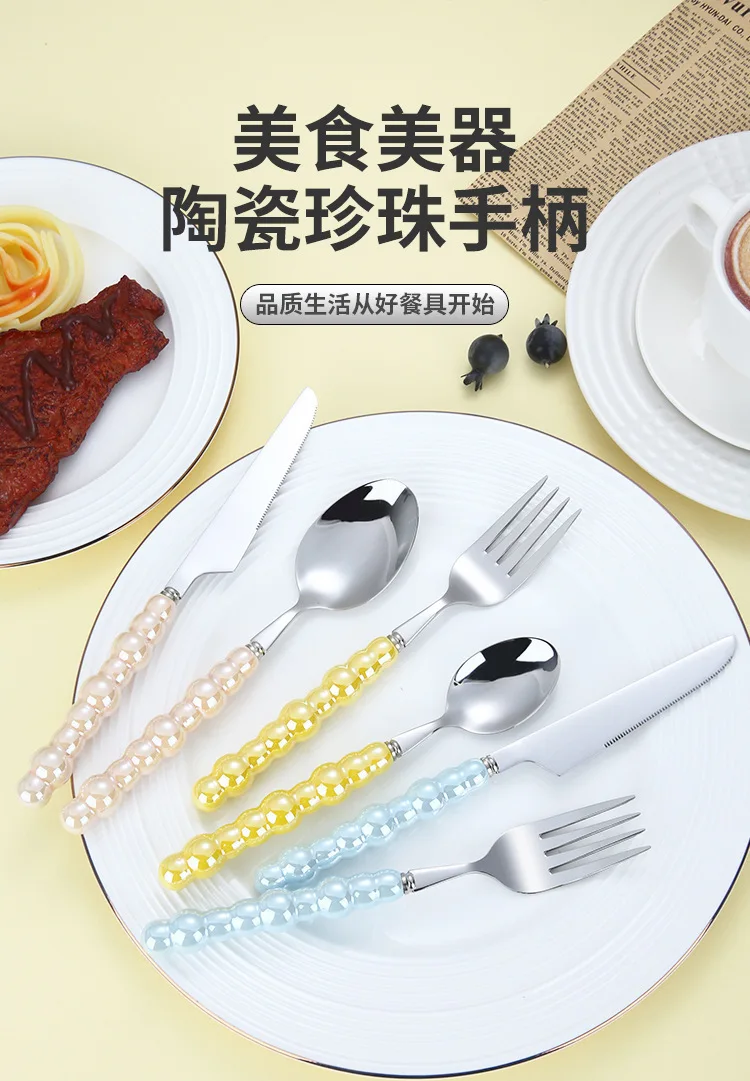 Description Picture 5 of item4Pcs/Set Luxury Dinnerware Stainless Steel Spoon and Fork Ceramic Pearl Handle Western Silver Cutlery High-looking Tableware
