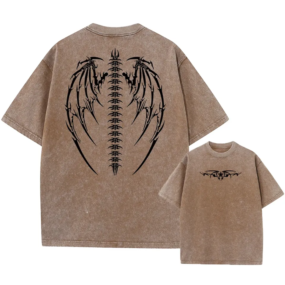 Oversized Wings Printed Tshirts Men Gym Vintage Heavyweight T Shirts Cotton Workout Acid Wash Baggy Tees Street Tops Unisex