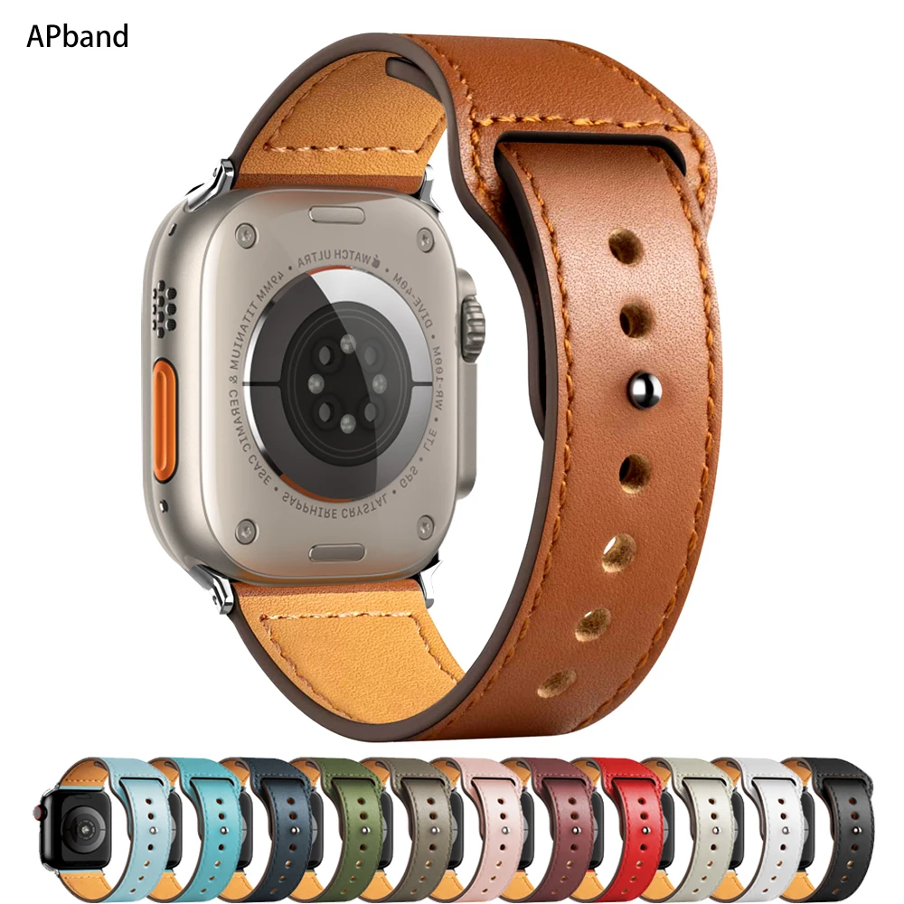 애플 워치 밴드용 가죽 스트랩 팔찌, iWatch 시리즈 울트라 9, 8, 7, 6, 5, 4, 3, SE2 SE, 45mm, 44mm, 41mm, 40mm, 38mm, 42mm, 49mm, 45mm