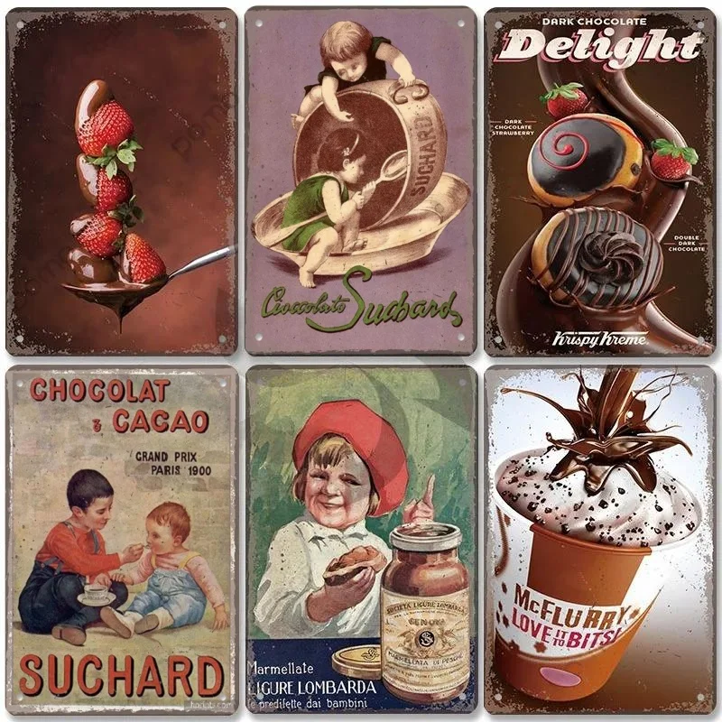 Chocolate Girl Poster Vintage Metal Plate Cartoon Ice Cream Strawbarry Metal Tin Signs Wall Decor Dessert House Bakery Kids Room