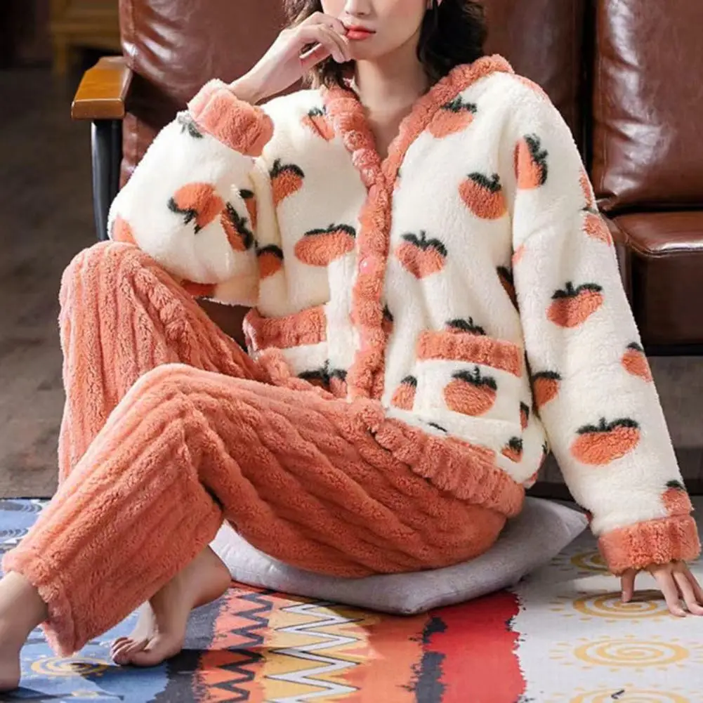 

Women Loungewear Set Warm Cozy Women's Winter Pajama Set Cartoon Fruit Print Thickened Coral Fleece Single-breasted V Neck