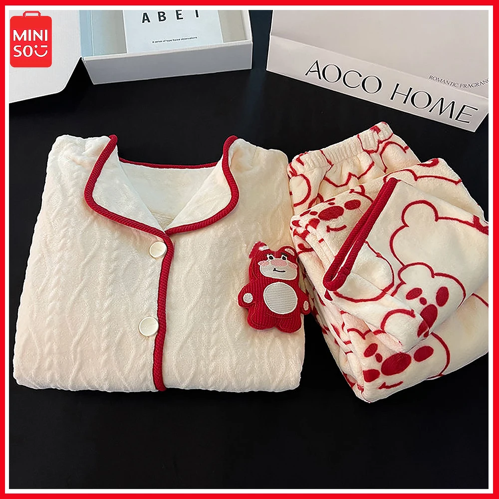 

Miniso Lotso 2023 Japanese Pure Cotton Coral Velvet Pajamas for Women In Winter Lovely Thickened Warm Homewear Christmas Gift