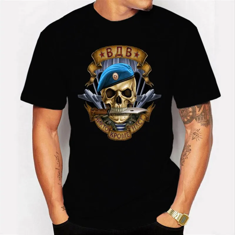 

Russian VDV Airborne Troops Soldier Skull Motto T-Shirt 100% Cotton O-Neck Summer Short Sleeve Casual Mens T-shirt Size S-3XL