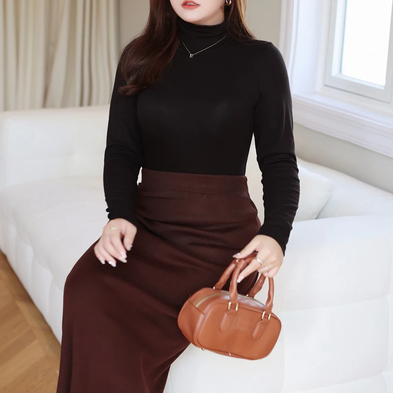 XXXL Fashion Plus Size Women's T-Shirt Premium Solid Color Turtleneck Slim Tees French Soft Commuter Long Sleeve Tops 8808