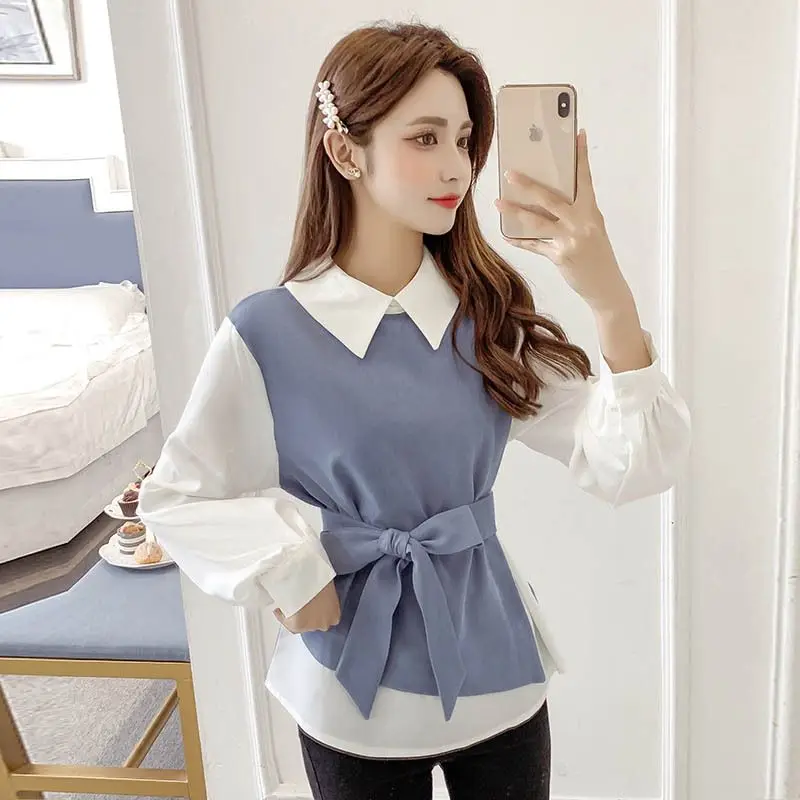 Fashion Peter Pan Collar Lace Up Bow Fake Two Piece Blouse Female Clothing 2023 Autumn Winter New Casual Pullovers Sweet Shirt