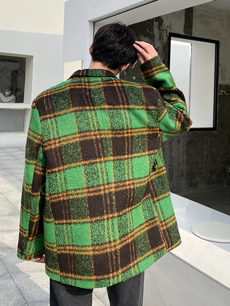 

Vintage Men's Plaied Green Woolen Jackets Autumn Winter Trendy New Single Breasted Thickned Suit Style Jacket Korean 2A0228