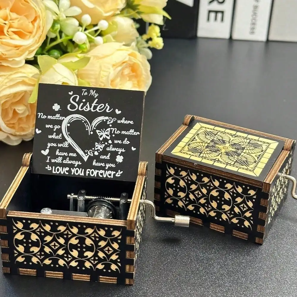 1pc Wooden Vintage Laser Carved Hand-cranked Music Box, Mother's Day/birthday/anniversary/wedding Gift, Family Room Desk Office