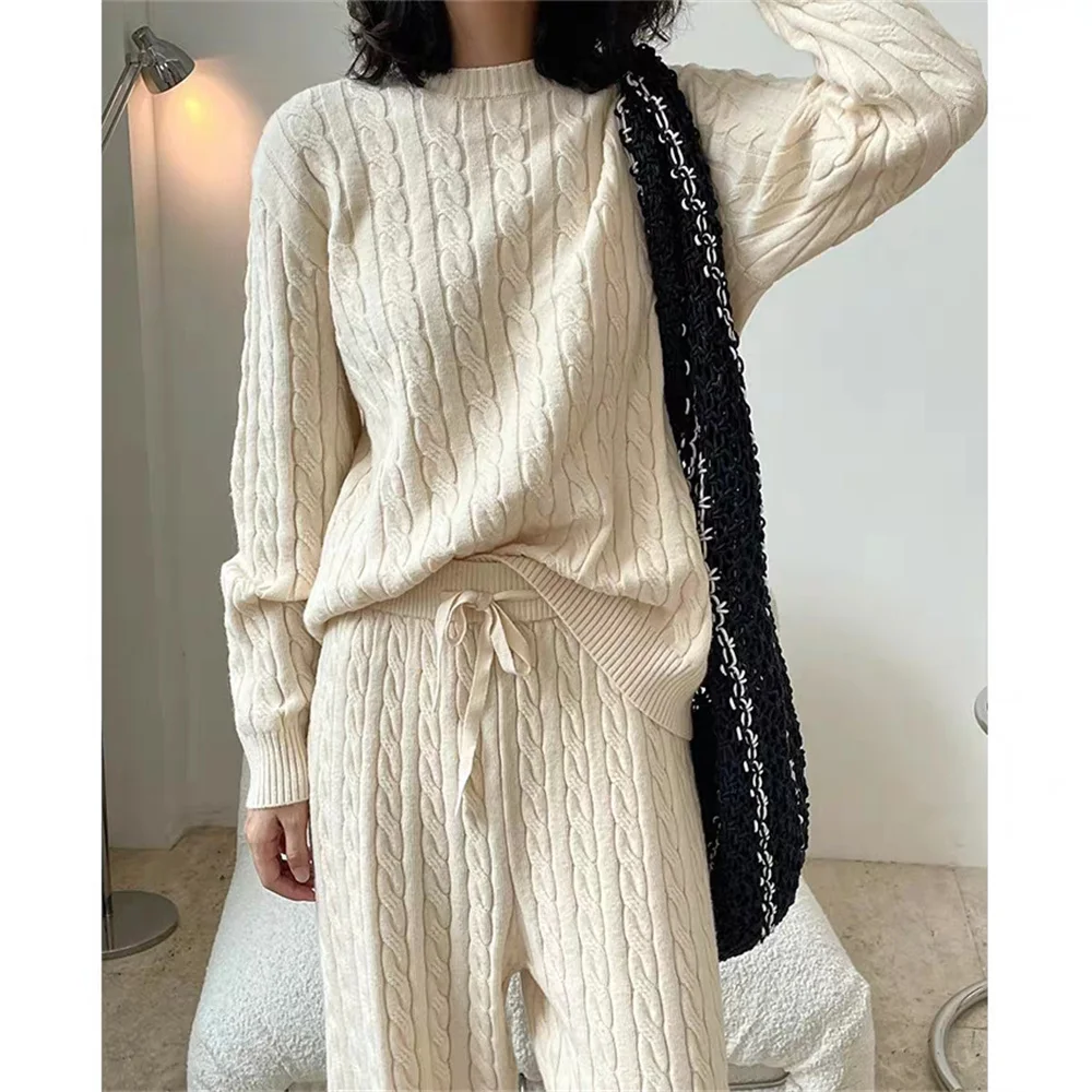 

Lazy Style Sweater High Grade Fried Dough Twists Knitting Suit Women's Autumn and Winter Soft Waxy Wide Leg Fashion Two-Piece Se