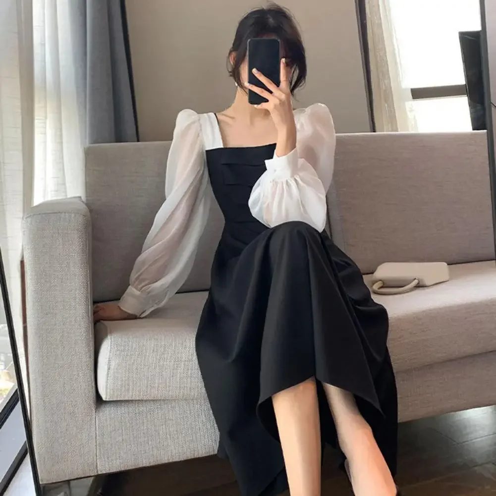 

2024 New Long-sleeved Black Fried Street Hauben Style Dress Female Spring and Autumn Patchwork Square Collar French Skirt