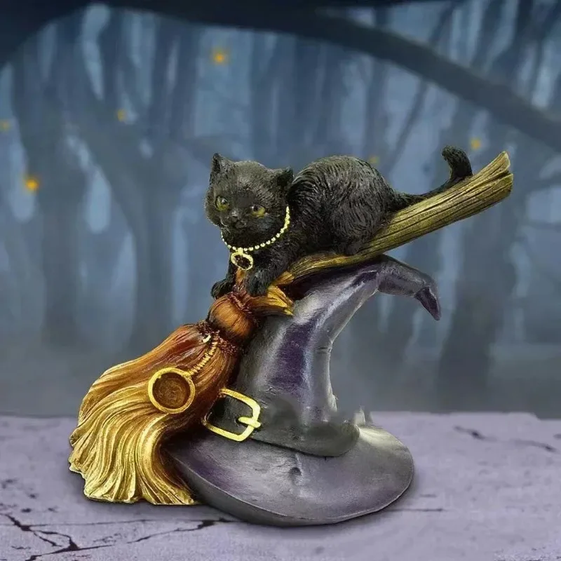 2026 Creative New Black Cat Broom Resin Crafts Dining Table Art Gifts Home Decoration Statue Halloween Desktop Decoration