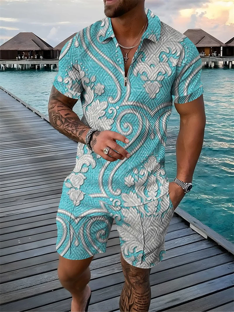 

2022 Fashion Men's 3D Zip-Up Polo Shirt and Shorts Set Casual Short Sleeve Thai Style Printing T-shirt Shirt Men's Casual Suit