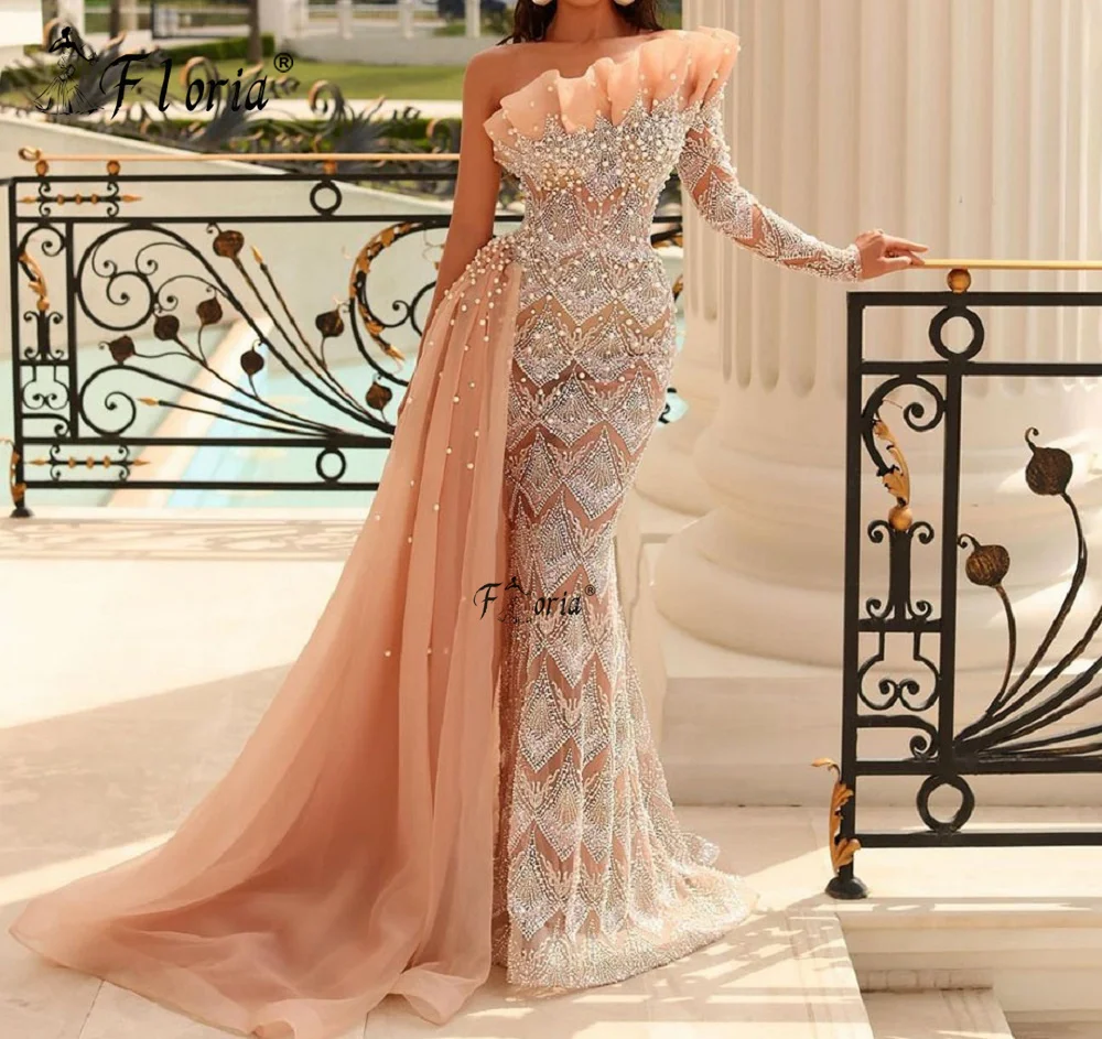 

Elegant Mermaid Evening Dresses Gala Peach Formal Party Dubai Luxury Pearl Lace Beaded Tulle Prom Gowns Celebrity Robe De Soiree