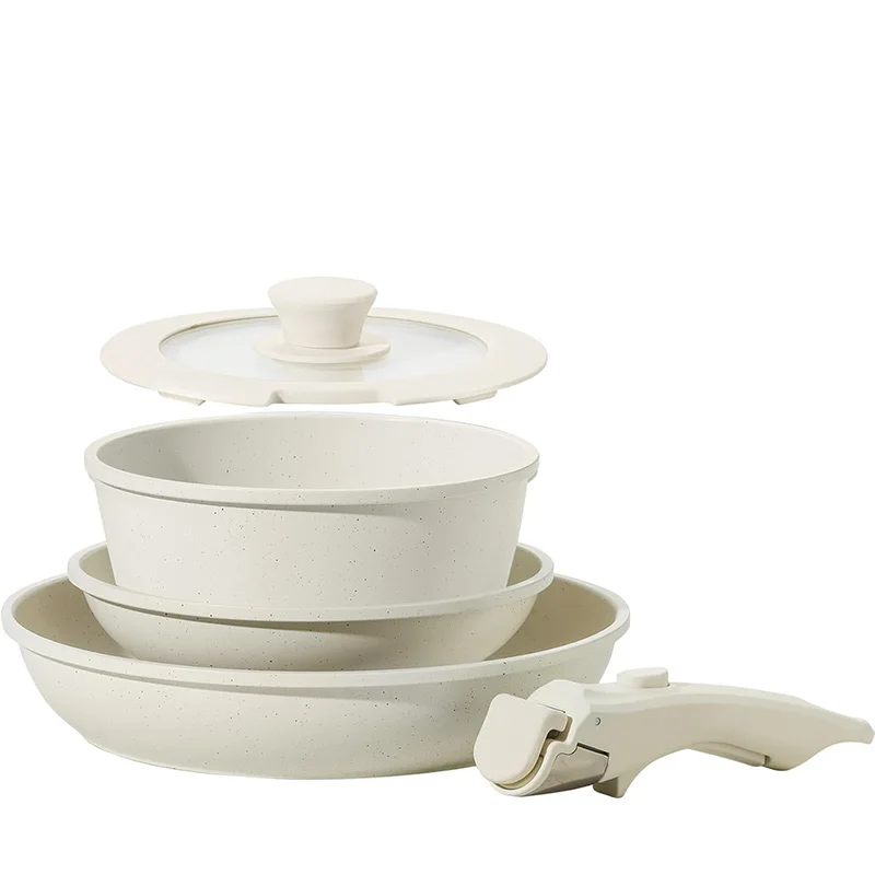 Conjunto de 5 peças de panelas antiaderentes destacáveis com alças removíveis, placa de indução compatível com aquecimento rápido