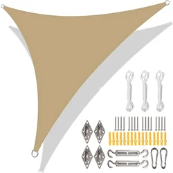 Waterproof Grey & Black Triangle Sun Shade Sail Canopy - 98% UV Block Outdoor Shelter - 300x300x300cm (Sand and 24pc)