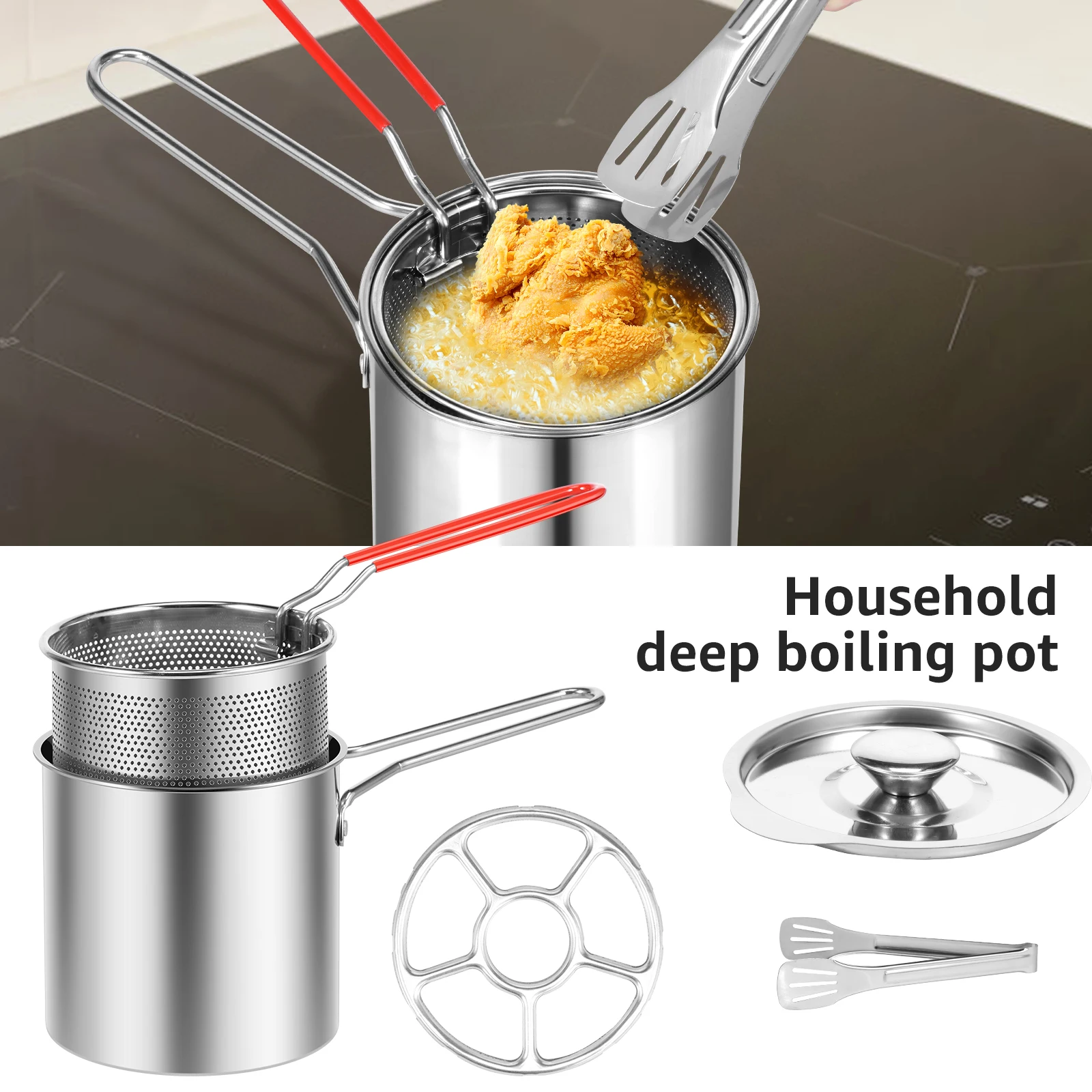 Description Picture 2 of itemDeep Fryer Pot with Basket and Lid Stainless Steel Deep Fryer Pasta Strainer Basket Fries Fish Chicken Fried Food Cooking Pot