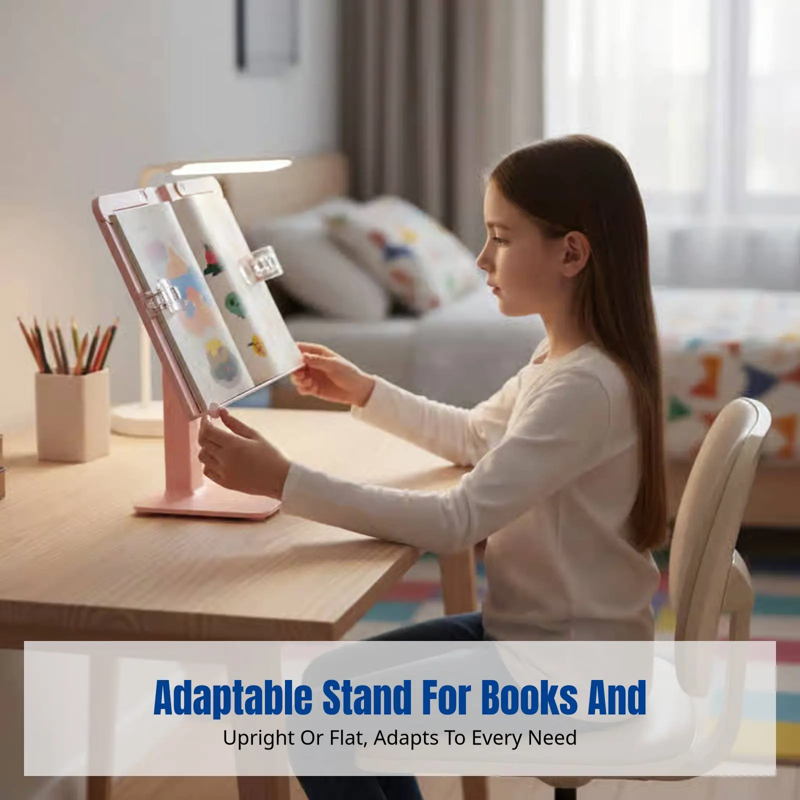 어린이용 조절식 책꽂이, 다기능 데스크탑 홀더, 학생용 태블릿 지지대, 플로럴 코랄, 학교 도서관