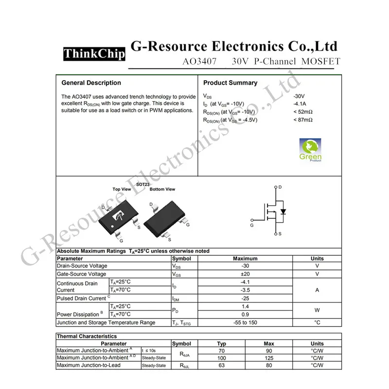 AO3407 A79T SOT-23 3407 30V P-Channel SMD Mosfet Transistor 100pcs