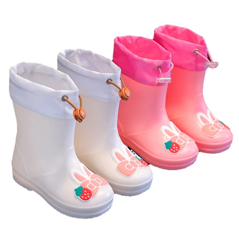 New Cute Cartoon Kids Rain Boots Boys Girls Rubber Rainboots With Inserts Waterproof Non-slip Water Shoes For Children cute rain boots kids pvc rubber dinosaur rain shoes water shoes for baby girl boy shoes waterproof with removable velvet