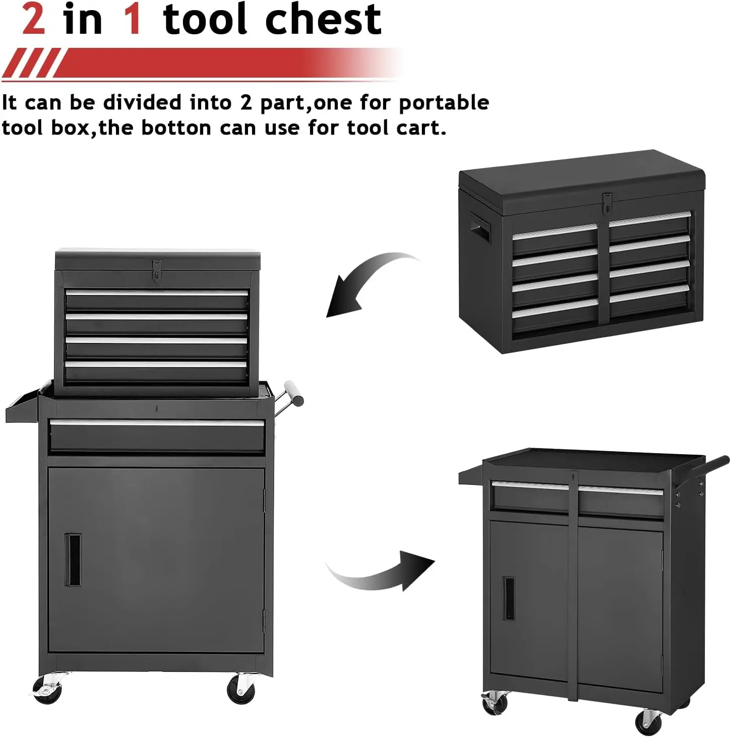 Chest,5-Drawer Rolling Tool Storage Cabinet with Enhanced Packaging, Detachable Top Tool Box, Metal Tool Cart for Garage Wo 5