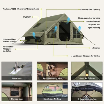 Army Green Waterproof Windproof Inflatable Tent for Camping,4 Season Air Glamping Tent House with Chimney Opening,AC Vent 2