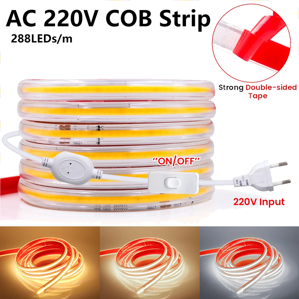 220V COB Led Strip with EU Switch Plug Adhesive Tape 288LEDs/m Waterproof Flexible Led Ribbon for Room Decor  5M 10M 20M 30M 40M