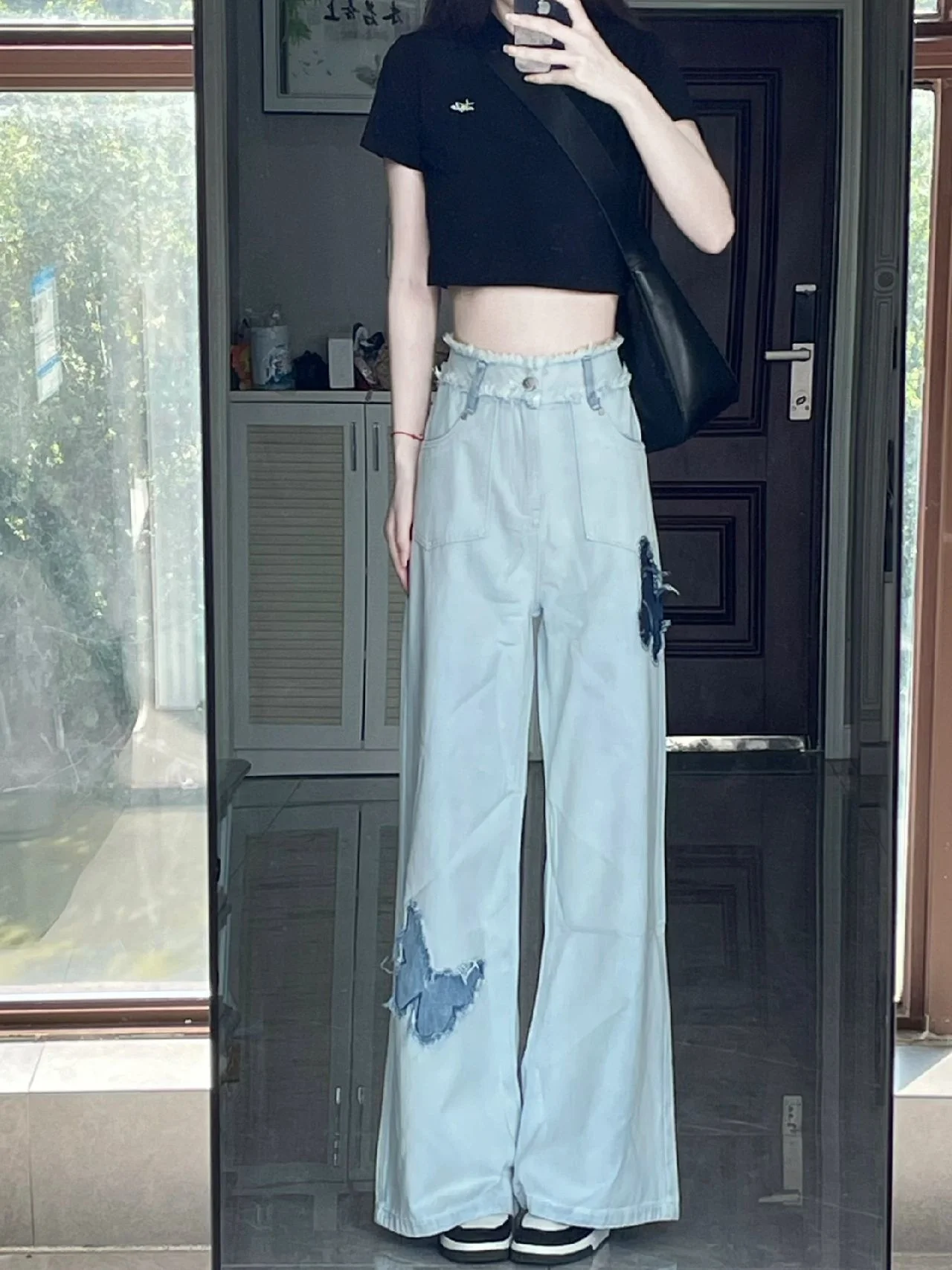Women Jeans High Waisted Butterfly Patch Straight Tube Jeans Autumn American Casual Loose Fitting Wide Leg Mop Pants