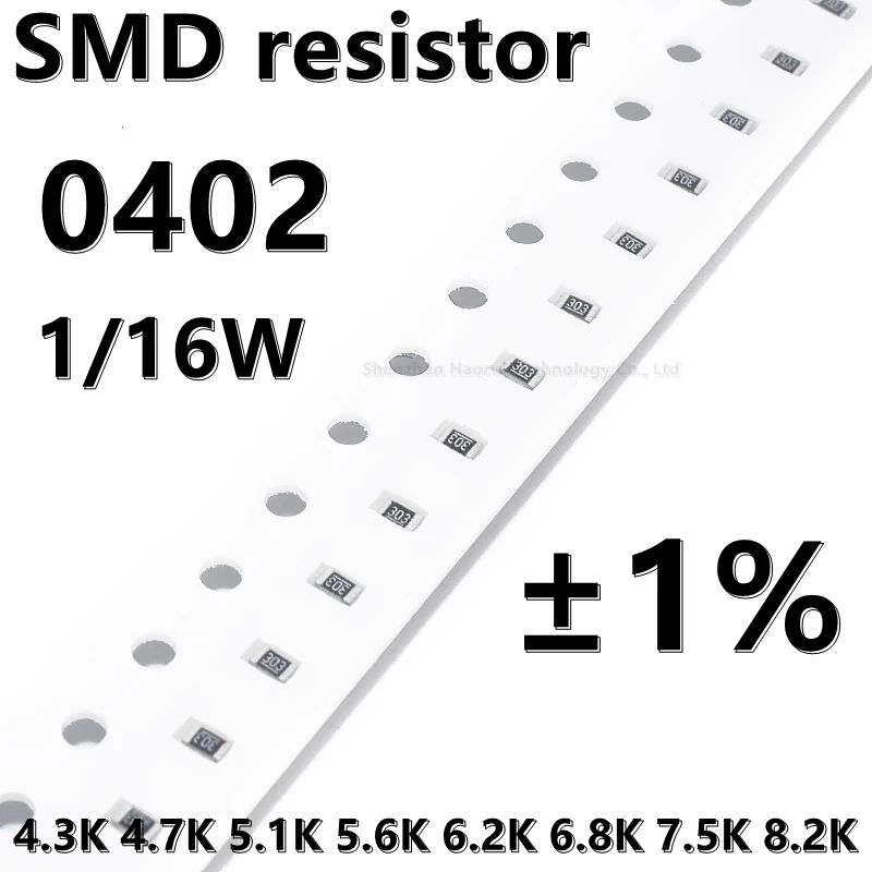 

(100 шт.) 0402 SMD резистор 1% 4,3 K 4,7 K 5,1 K 5,6 K 6,2 K 6,8 K 7,5 K 8,2 K 1/16W